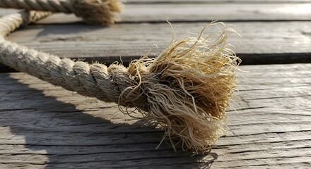 A frayed rope end trailing across a wooden dock