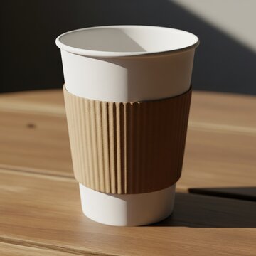 Eine realistische Nahaufnahme eines modernen Kaffeebechers mit einer braunen Kartonmanschette (Zarf) . Der Becher steht auf einem Holztisch und wird von nat&uuml;rlichem Licht beleuchtet
