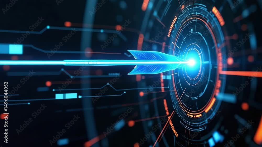 Poster a futuristic digital design featuring an arrow navigating through a circular interface with glowing 