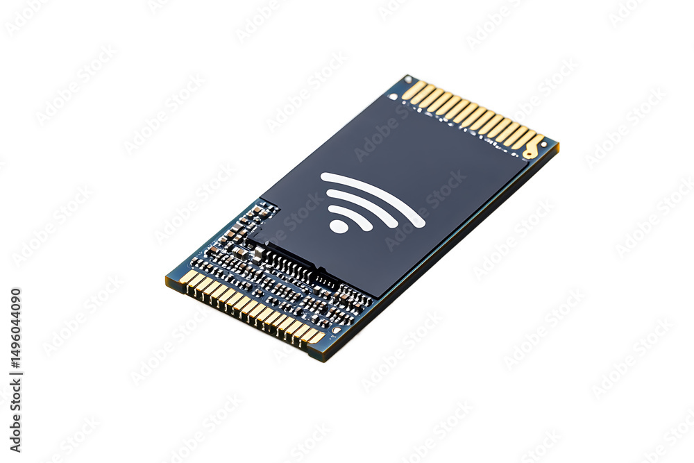 Poster close up shot of a wifi card with gold connectors on a black background in a studio setting