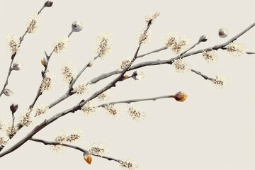 Obraz premium nostalgia, spring willow branches with catkins, vintage Ukrainian print vibe, clean vector