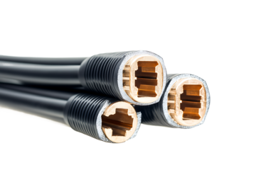 Close up of three black cables showing the internal copper wiring on a white background surface