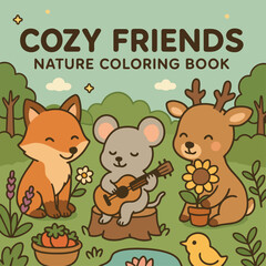 Cozy Animal in Nature – Whimsical Coloring Book Cover Design, Colorful Woodland Scene – Cozy Animal Coloring Book Front Page,Wholesome Nature Theme – Animal Friend Coloring Book Cover Illustration