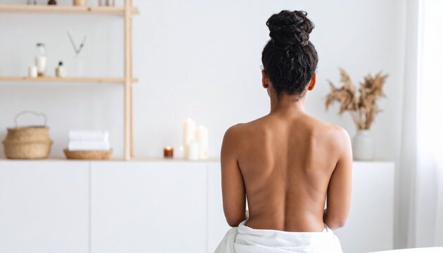 Woman sitting calmly, bare back, hair tied up, background &mdash; interior in white and grey tones, minimalist decor: candle, linen cloth, pale wooden shelves.