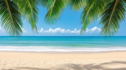 Tropical beach scene framed by swaying palm fronds.
