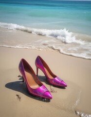 Obraz premium pink shoes on the beach