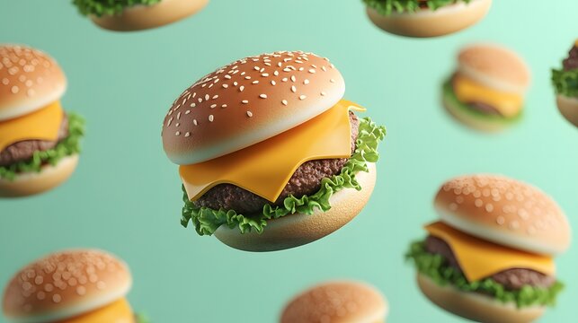 Floating cheeseburgers in a vibrant teal background.