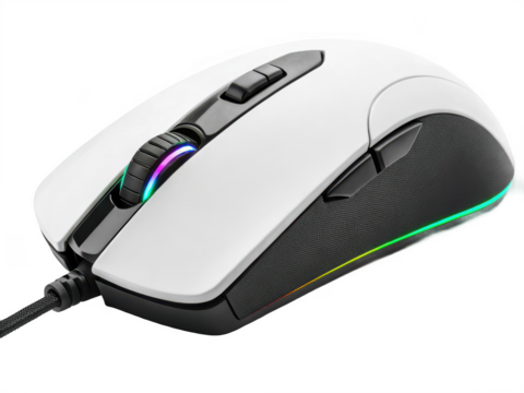 A white gaming mouse close up isolated on transparent background