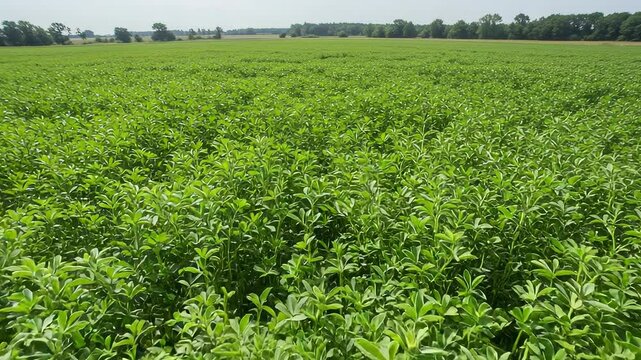 Lush Green Field of Alfalfa Crop Swaying Gently in the Breeze on a Sunny Day
