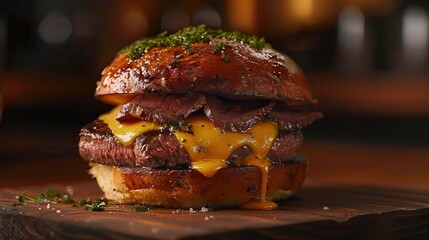 Filet mignon steak sandwich with melted cheese. 