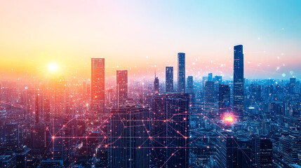 Fototapeta premium City skyline with a bright orange sun in the background