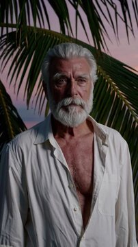 Homme senior charismatique devant un coucher de soleil tropical &agrave; Miami

