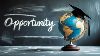 Celebrating global education and academic achievement with a graduation cap on a globe in a motivational learning environment