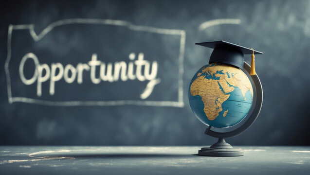 Opportunity for global learning and academic achievement with graduation cap on globe