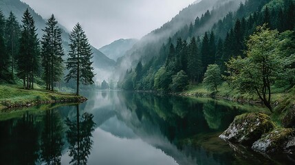   A lush green forest surrounds a body of water, featuring many tall pine trees