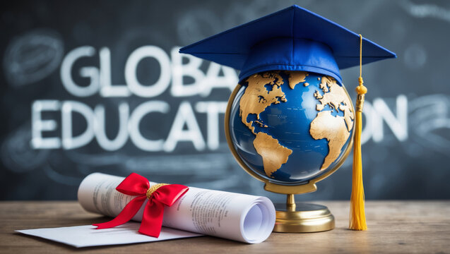 Graduation cap on globe with diploma and motivational words about global education