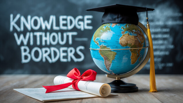 Celebrating academic achievement with a graduation cap and globe symbolizing global learning and knowledge