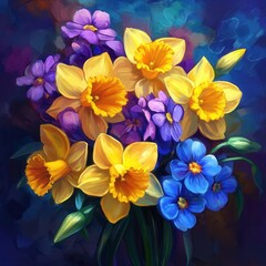 bouquet of beautiful yellow daffodils and purple and blue violets