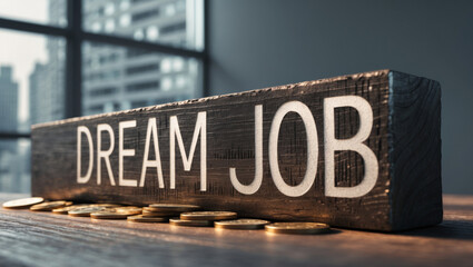 Dream job sign on a desk with coins in a modern office setting during afternoon light