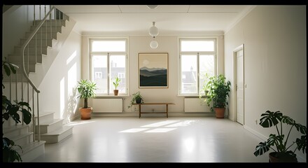 Bright and empty modern house interior with a large window