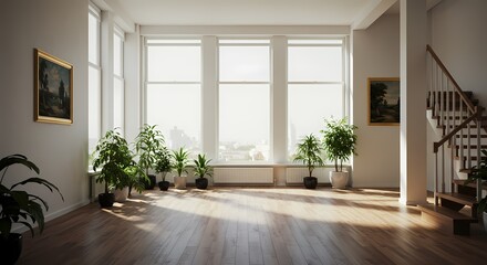 Fototapeta premium Bright and empty modern house interior with a large window