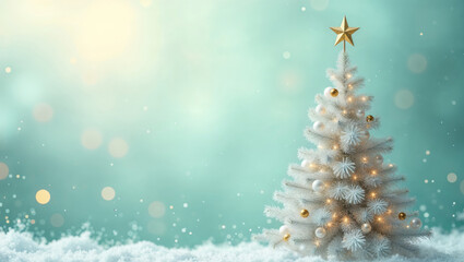 Festively decorated white Christmas tree shining brightly amidst a winter wonderland of snow and soft lights