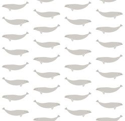 Vector seamless pattern of flat hand drawn beluga whale isolated on white background