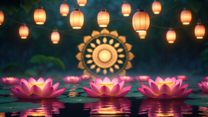 Vesak celebration with lotus flowers and candles surrounded by lanterns in a mystical garden at dusk