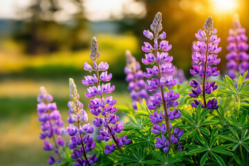 Obraz premium Purple Lupine Flowers Blooming in a Serene Natural Landscape During Sunset Near a Scenic Park