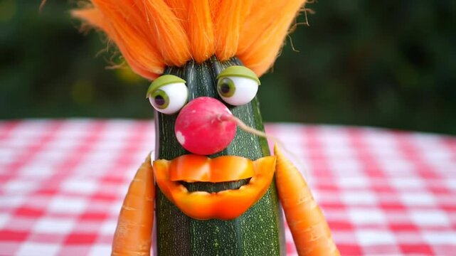 Whimsical Vegetable Creature Displayed On Checkered Cloth Outdoor