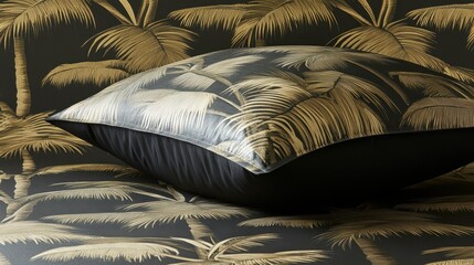 Stylish black and gold palm tree pillow on patterned fabric.