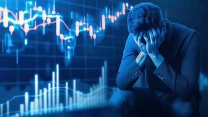Depressed businessman with stock market graph. Concept of economic crisis, financial stress, and market downturn. - Powered by Adobe