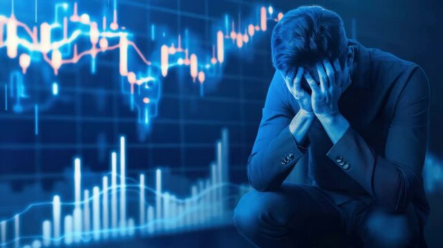 Depressed businessman with stock market graph. Concept of economic crisis, financial stress, and market downturn.