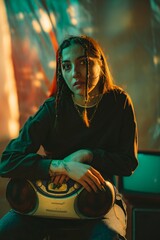 Young Woman in Artistic Light with Retro Boombox