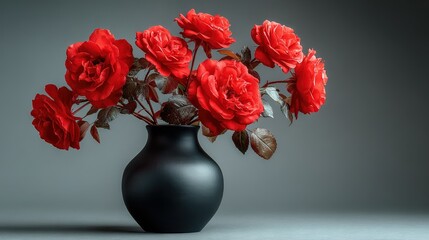 Fototapeta premium A black vase holds red flowers on a white table beside a gray wall and background