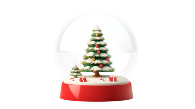 Festive Christmas snow globe featuring a charming miniature Christmas tree and presents, perfect for holiday decorations and winter season designs.
