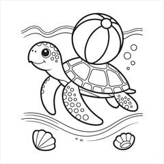 Adorable Sea Turtle with Beach Ball on Shell  Cute Ocean Coloring Page