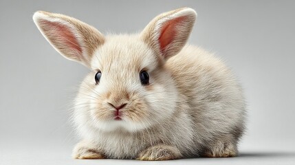   White rabbit on gray wall, facing camera, looks sad