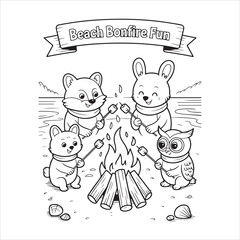 Animal Friends Roasting Marshmallows at the Beach – Cute Bonfire Coloring Page