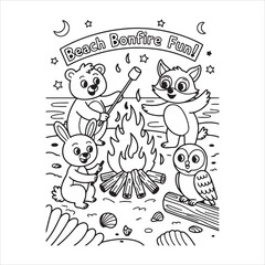 Animal Friends Roasting Marshmallows at the Beach – Cute Bonfire Coloring Page