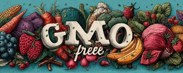 GMO-free concept illustrated with vibrant fruits and vegetables on a teal background