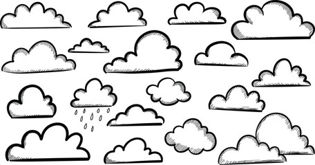 Kid crayon clouds set - various cute simple shapes outlines drawn by hand. Isolated black line cartoon doodle sketch elements on white background.