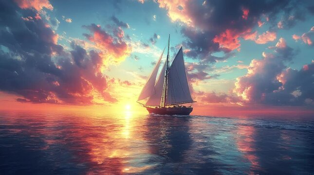 Sailboat Gliding Across Tranquil Ocean During Vibrant Sunset with Colorful Clouds. Seamless looping 4k video background 
