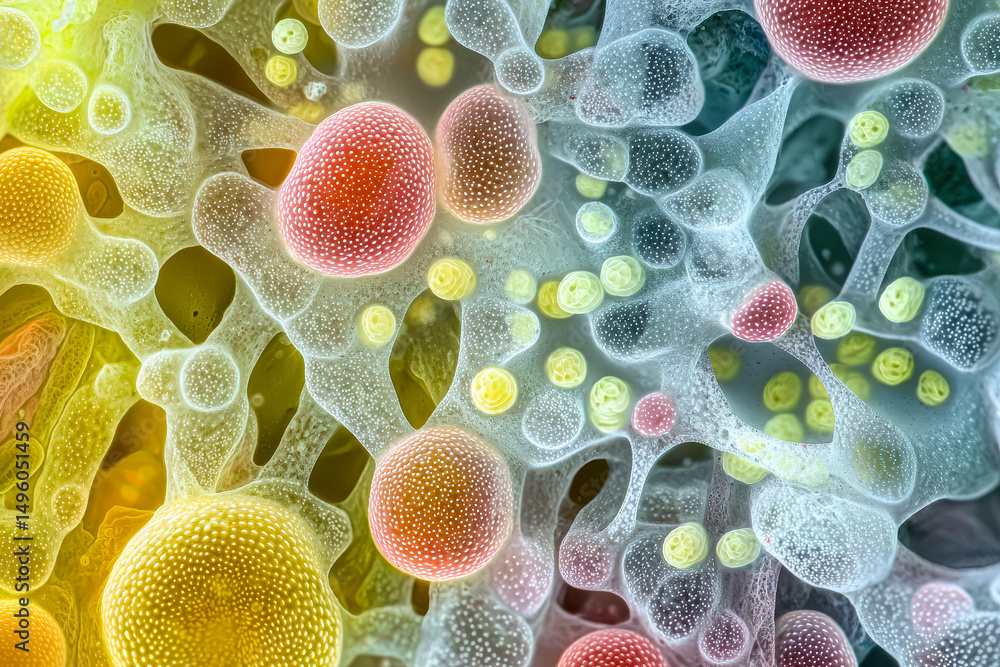 Poster colorful image of a cell with a red spot in the middle