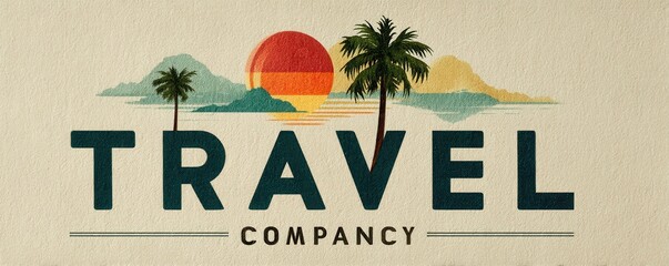 Tropical travel agency logo with sunset, palm trees, and ocean design