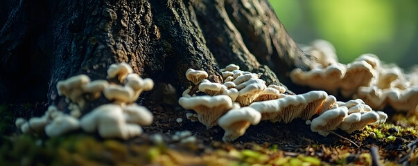 Close-up of roots and mycelium growing under a tree trunk, microorganism, tree, roots