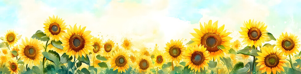 Obraz premium Watercolor illustration of sunflowers in a field, cheerful, field, watercolor flowers