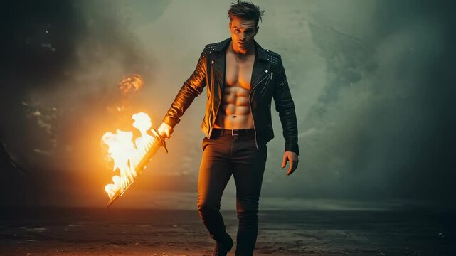 Intense warrior with burning sword walks confidently through a smoky battleground