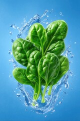Fresh spinach splashes in clear water creating dynamic scene with vibrant green leaves. Simple blue background emphasizes freshness and vitality. Concept of healthy eating, cooking, food industry