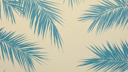 Light beige background with teal palm leaves design.
